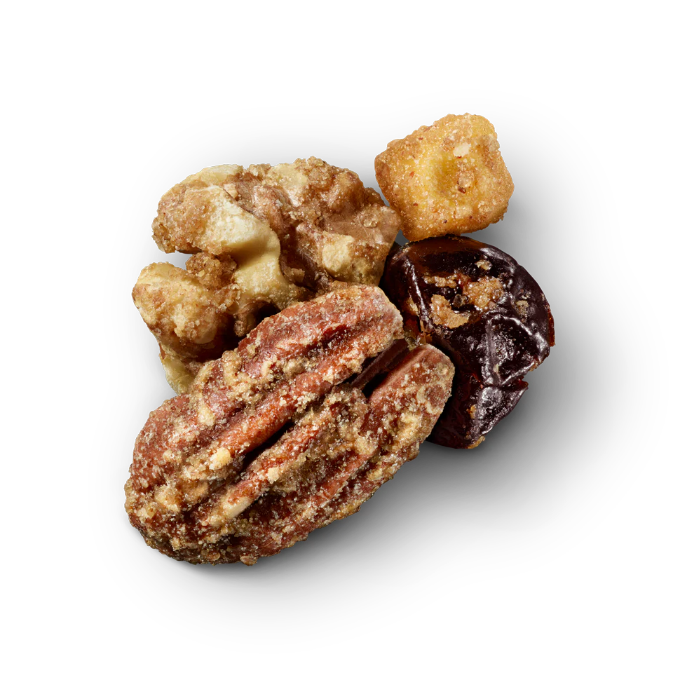 Glazed pecans, walnuts, dried cherries, and dried apples with a maple cinnamon coating.
