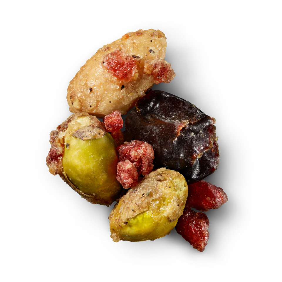 Glazed pistachios, almonds, dried cherries, and pomegranate fruit pieces.